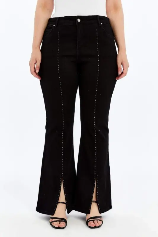 Plus Size Black Jeans with Stone Detail and Slit at Hems - 1