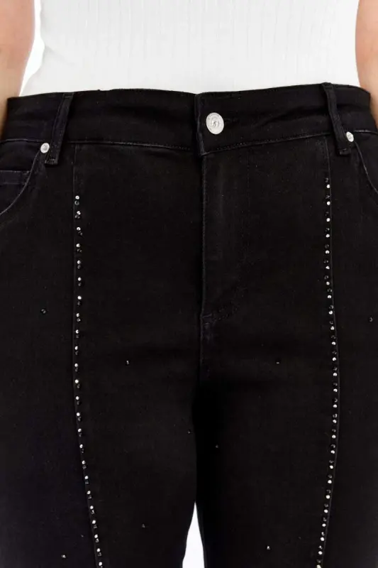 Plus Size Black Jeans with Stone Detail and Slit at Hems - 2