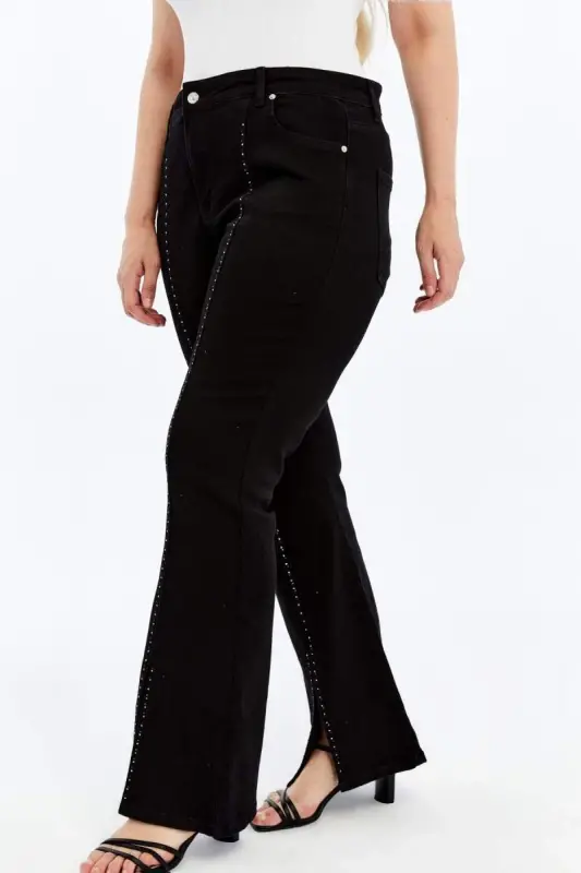 Plus Size Black Jeans with Stone Detail and Slit at Hems - 3