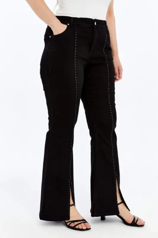 Plus Size Black Jeans with Stone Detail and Slit at Hems - 4
