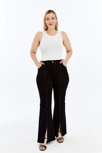 Plus Size Black Jeans with Stone Detail and Slit at Hems - 5