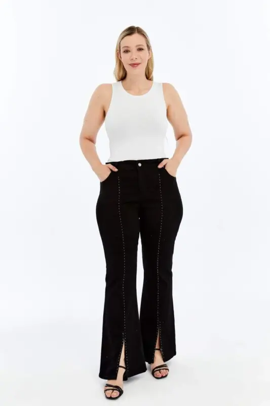 Plus Size Black Jeans with Stone Detail and Slit at Hems - 5