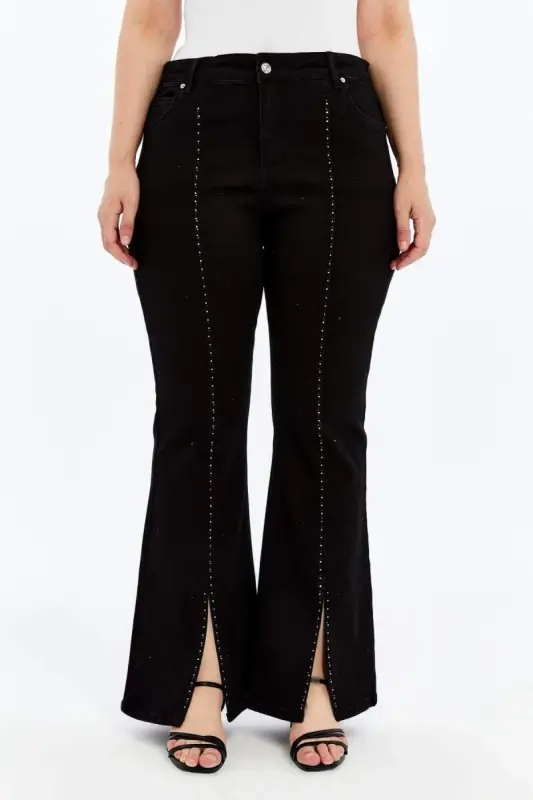Plus Size Black Jeans with Stone Detail and Slit at Hems - BÜYÜKBEDENIZ