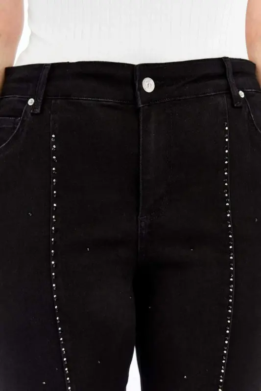 Plus Size Black Jeans with Stone Detail and Slit at Hems - 2