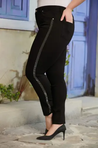 Plus Size Black Jeans with Stone Striped Side Detail - 1