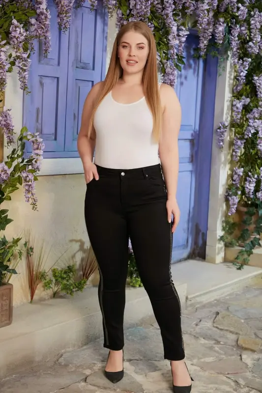 Plus Size Black Jeans with Stone Striped Side Detail - 4