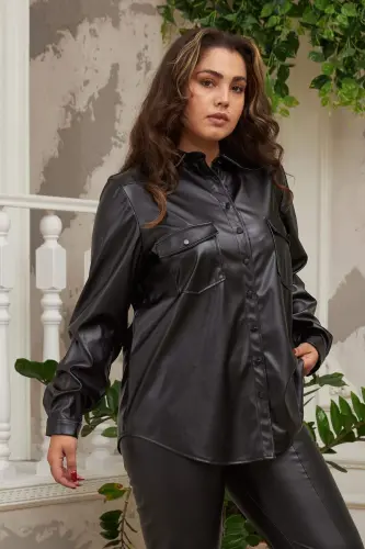 Plus Size Black Leather Shirt - 1