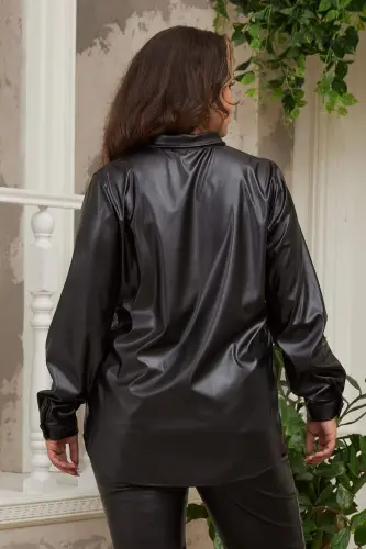 Plus Size Black Leather Shirt - 4