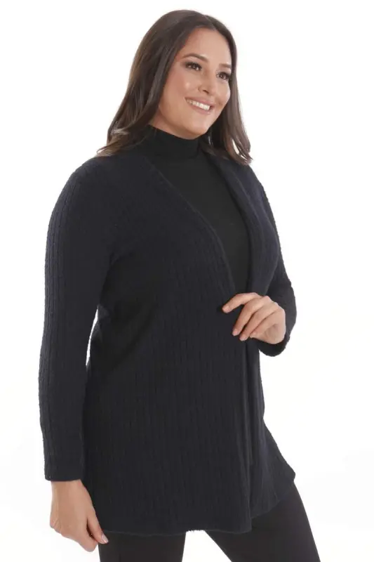 Plus Size Black Self-Folded Soft Cardigan - 1