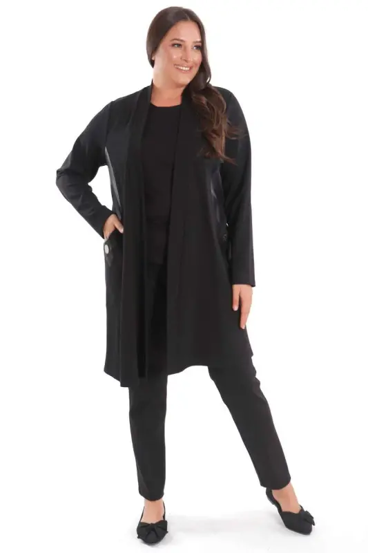 Plus Size Black Steel Cardigan with Leather Trim Sides - 7