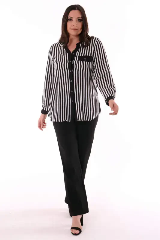 Plus Size Black Striped V-Neck Shirt - 6