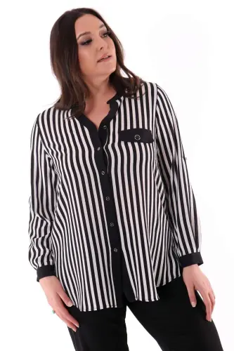Plus Size Black Striped V-Neck Shirt - 1