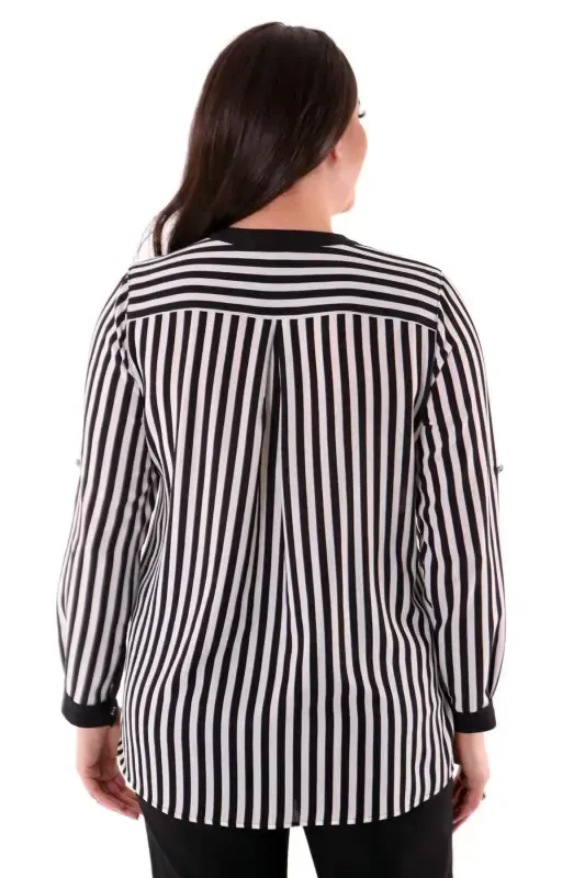 Plus Size Black Striped V-Neck Shirt - 7
