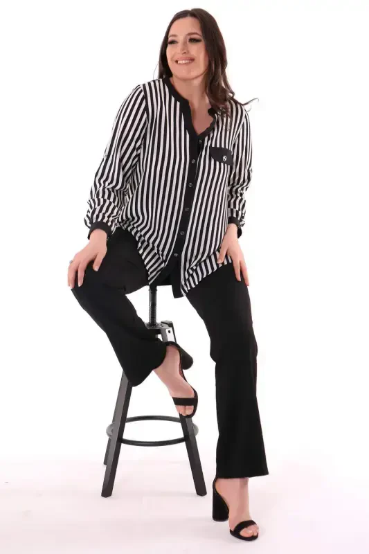 Plus Size Black Striped V-Neck Shirt - 3