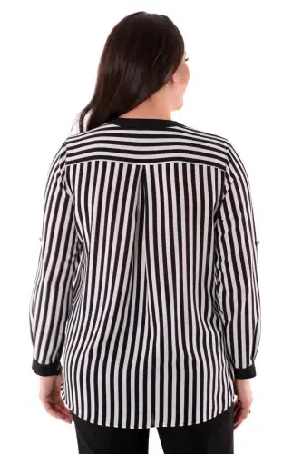 Plus Size Black Striped V-Neck Shirt - 5