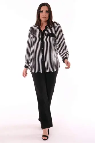 Plus Size Black Striped V-Neck Shirt - 4