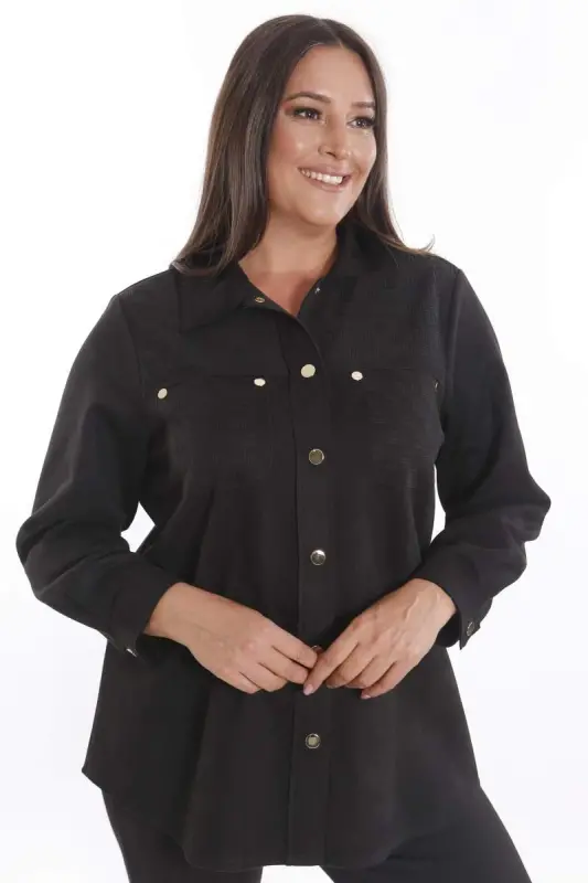 Plus Size Black Suede Shirt with Snap Buttons, Pocket and Laser Cut Detail on Shoulders - 1