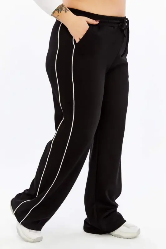 Plus Size Black Sweatpants with Elastic Waist and Double Side Stripes - BÜYÜKBEDENIZ