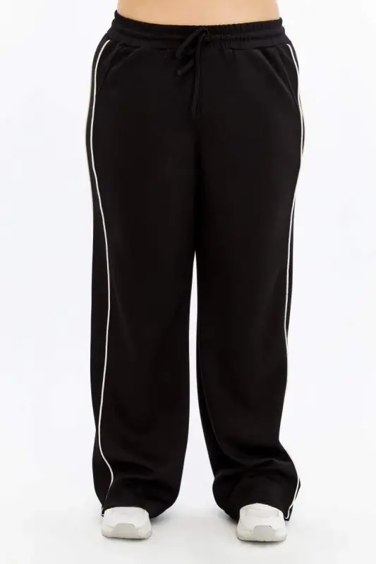 Plus Size Black Sweatpants with Elastic Waist and Double Side Stripes - 2