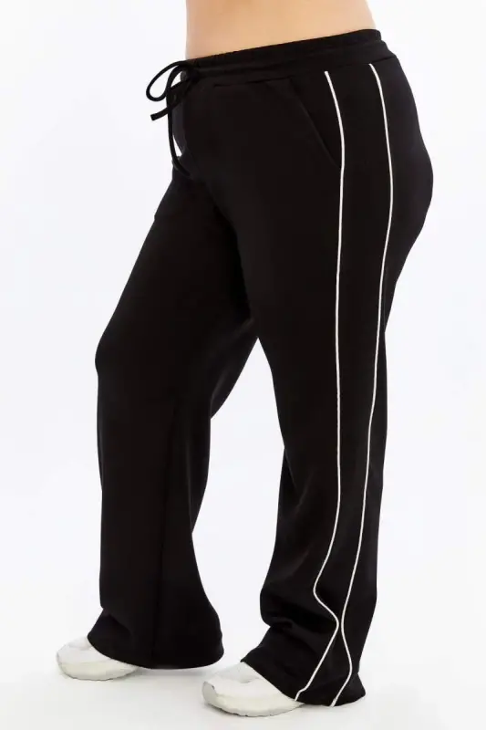 Plus Size Black Sweatpants with Elastic Waist and Double Side Stripes - 4
