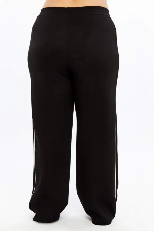Plus Size Black Sweatpants with Elastic Waist and Double Side Stripes - 5