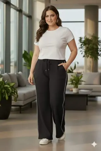 Plus Size Black Sweatpants with Elastic Waist and Double Side Stripes - 6