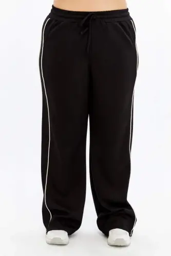 Plus Size Black Sweatpants with Elastic Waist and Double Side Stripes - BÜYÜKBEDENIZ (1)