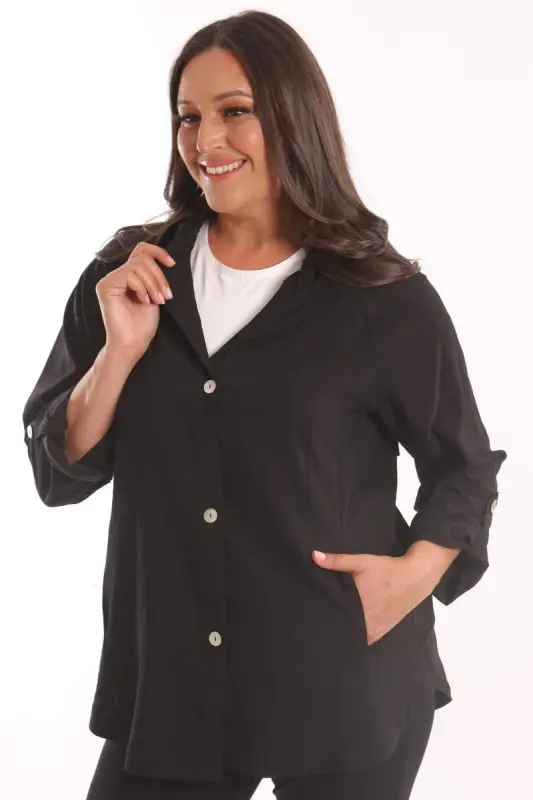Plus Size Black Trench Coat with Hood and Button Detail - 1