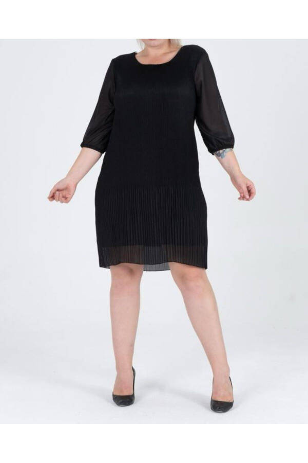 Plus Size Black Tunic Sleeve Pleated Chiffon Dress - 1