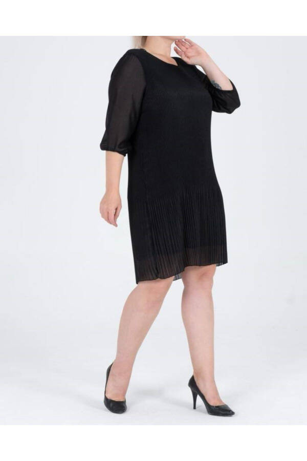 Plus Size Black Tunic Sleeve Pleated Chiffon Dress - 3