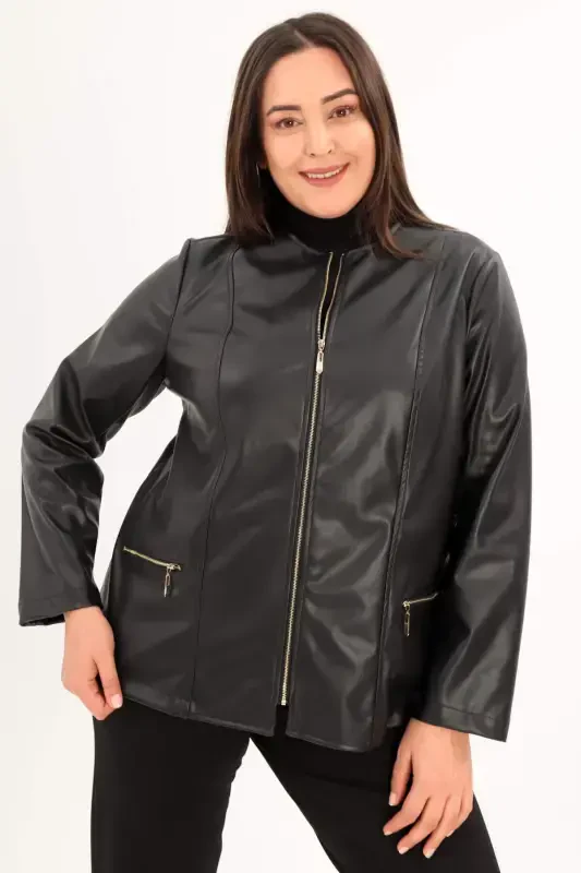 Plus Size Black Zippered Leather Jacket - 2