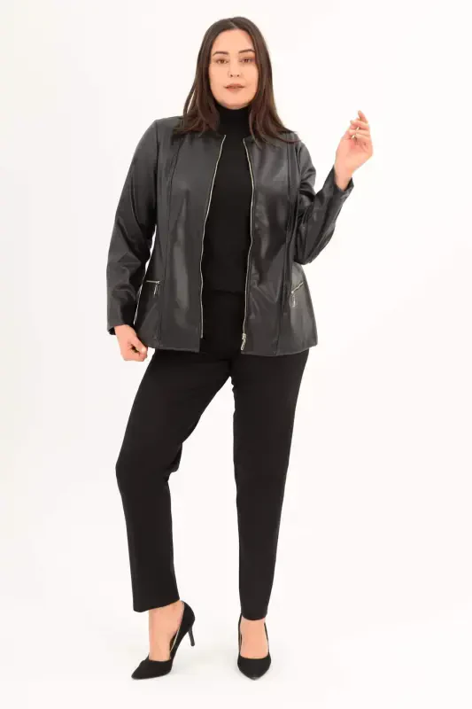 Plus Size Black Zippered Leather Jacket - 3