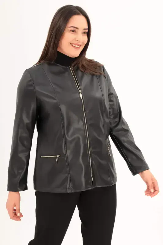 Plus Size Black Zippered Leather Jacket - 4