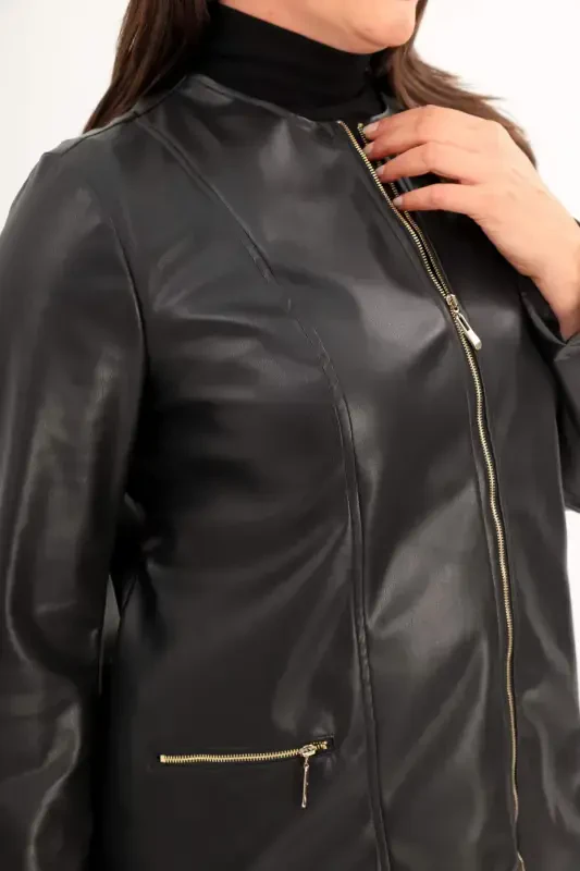 Plus Size Black Zippered Leather Jacket - 5