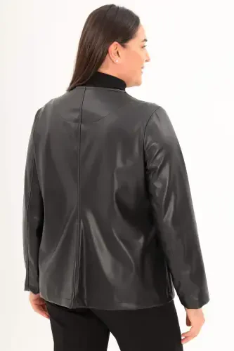 Plus Size Black Zippered Leather Jacket - 6