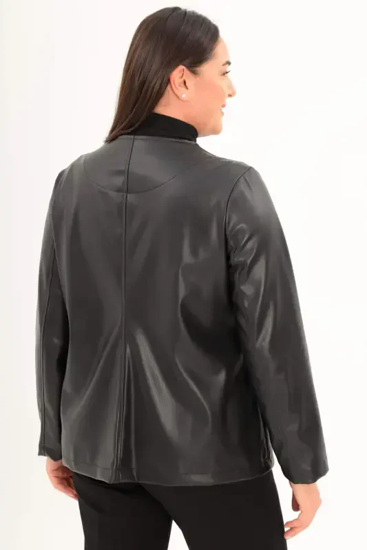 Plus Size Black Zippered Leather Jacket - 6