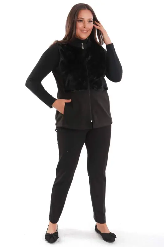 Plus Size Black Zippered Vest with Fur Detail on the Front - 6