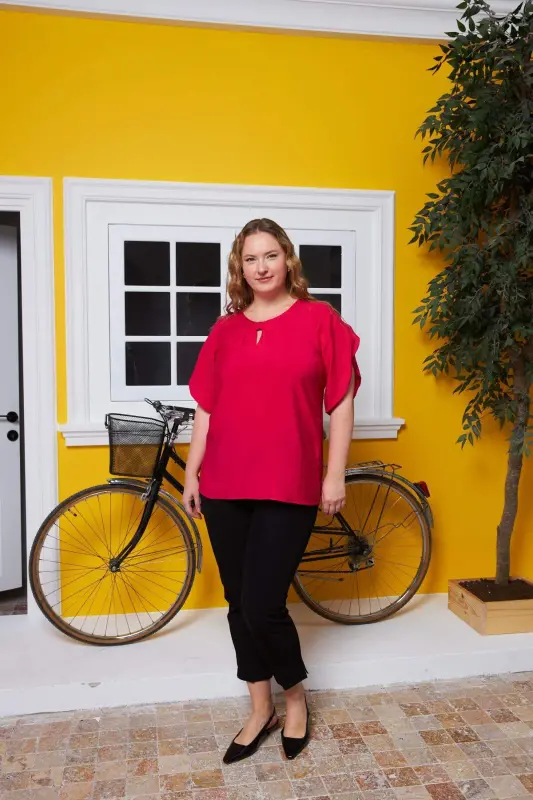 Plus Size Blouse in Fuchsia with Neckline and Sleeve Detail - 6