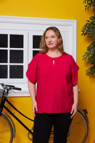 Plus Size Blouse in Fuchsia with Neckline and Sleeve Detail - 1