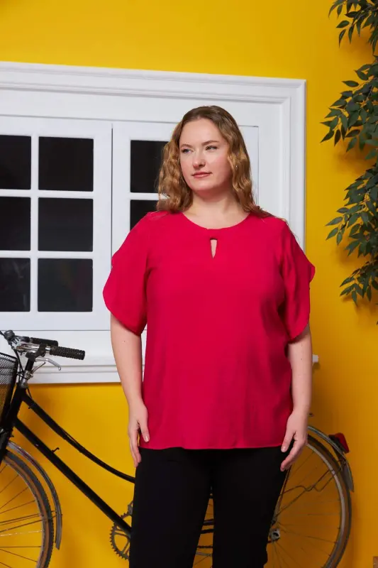 Plus Size Blouse in Fuchsia with Neckline and Sleeve Detail - 1