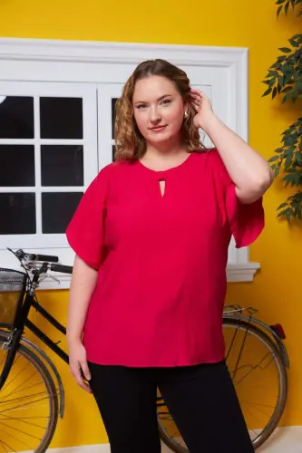 Plus Size Blouse in Fuchsia with Neckline and Sleeve Detail - BÜYÜKBEDENIZ (1)