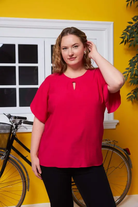 Plus Size Blouse in Fuchsia with Neckline and Sleeve Detail - 2
