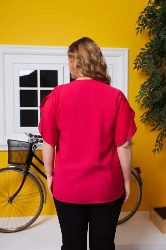 Plus Size Blouse in Fuchsia with Neckline and Sleeve Detail - 4
