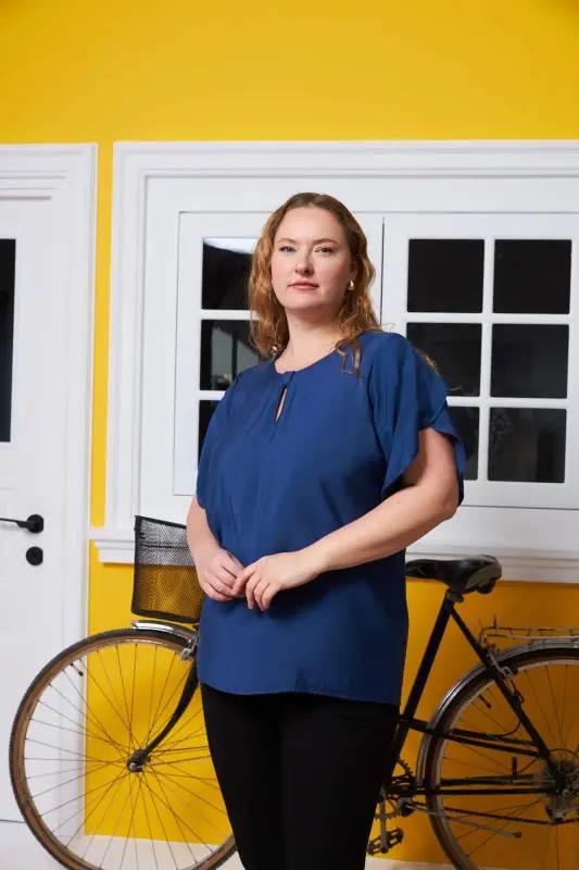 Plus Size Blouse Navy Blue with Collar and Sleeve Detail - 2