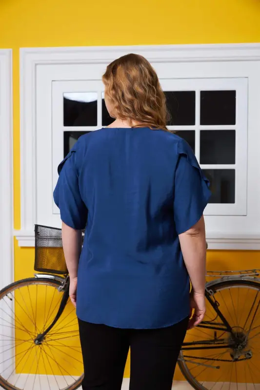 Plus Size Blouse Navy Blue with Collar and Sleeve Detail - 4