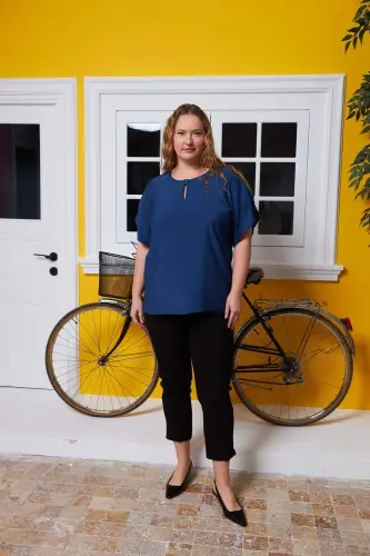 Plus Size Blouse Navy Blue with Collar and Sleeve Detail - 5