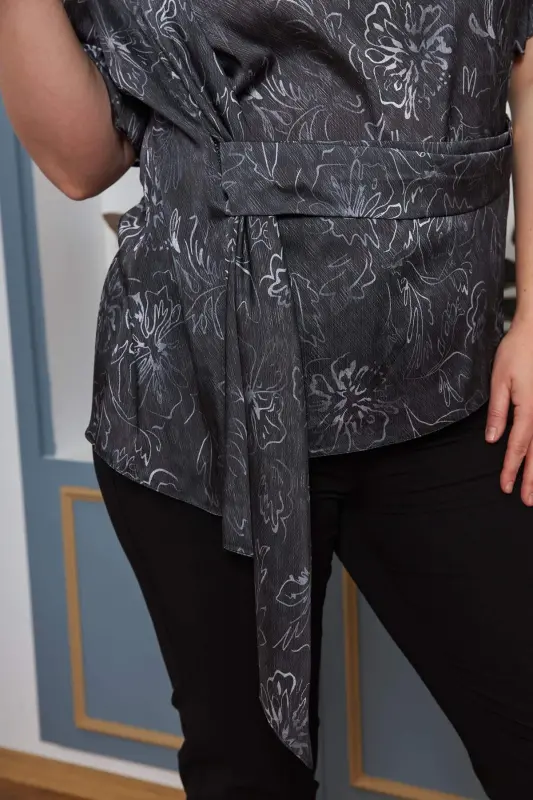 Plus Size Blouse with Belt Accessory Black - 2