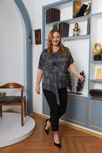 Plus Size Blouse with Belt Accessory Black - 5