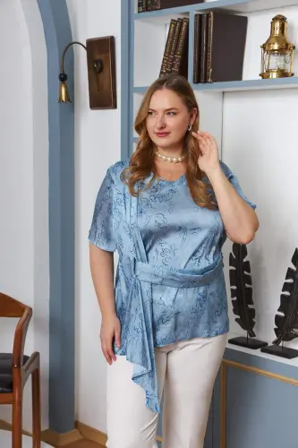 Plus Size Blouse with Belt Accessory Blue - BÜYÜKBEDENIZ (1)