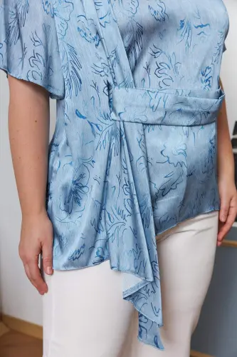 Plus Size Blouse with Belt Accessory Blue - 5